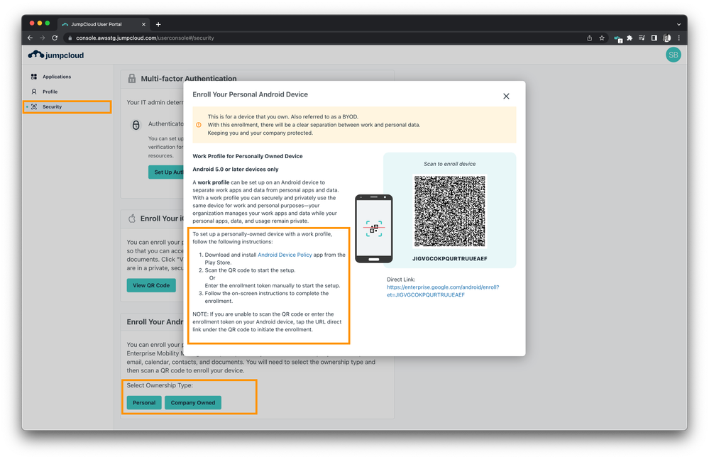 User Portal - Android Personal Device Enrollment