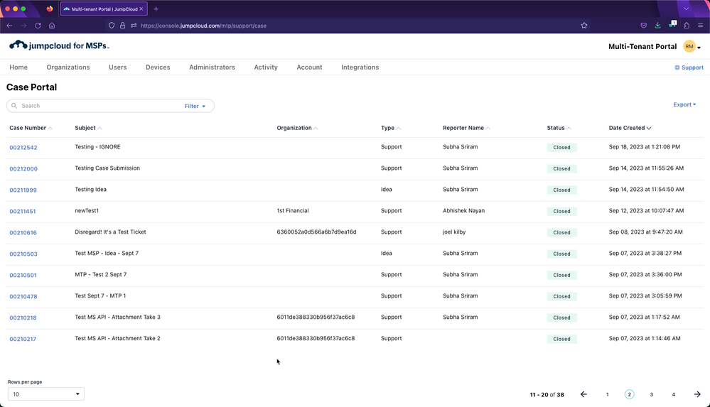 The MTP Case Portal allows admins to track cases that are opened across their tenants