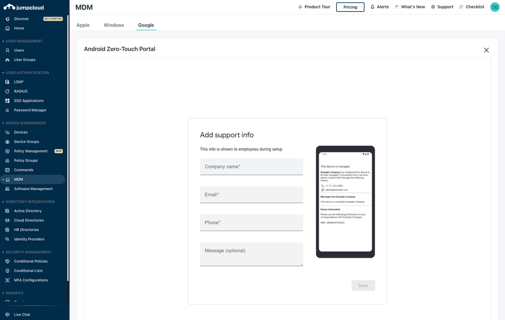 Configuration of Android Device Policy Controller