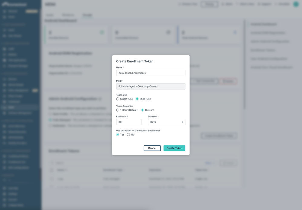 Creation of zero-touch enrollment token